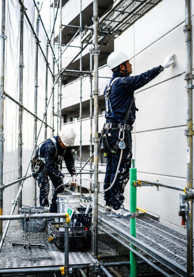 足場の上で外壁を塗装する八田塗装の職人